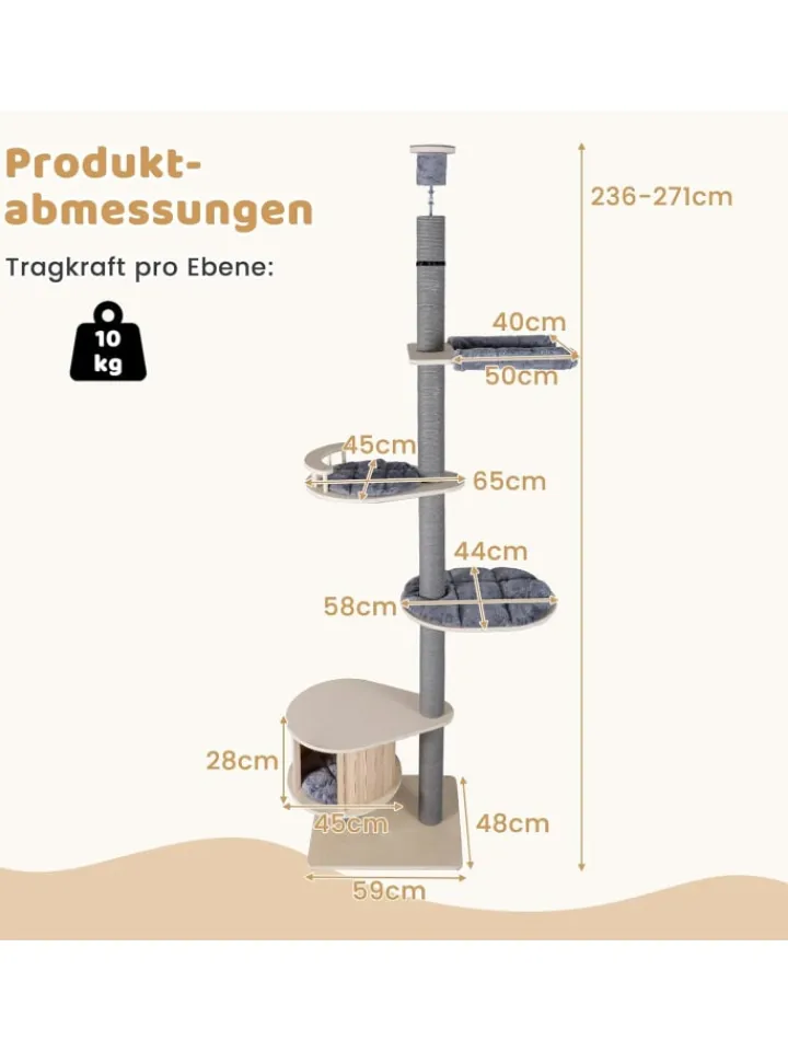 COSTWAY Katzen<Kratzbaum deckenhoch mit Höhle 236-271 cm in Grau