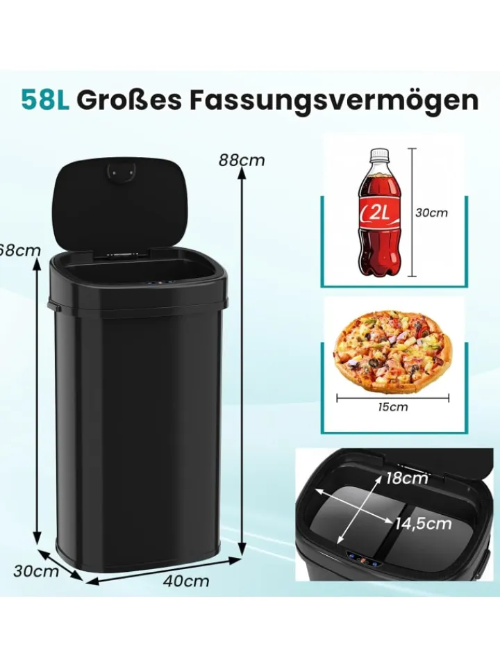 COSTWAY Mülleimer<58L Mülleimer Küche mit Sensor in Schwarz