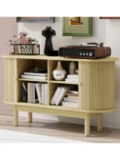 ABRIHOME Regale & Schränke<Lamellen Schrank Sideboard mit Schiebetüren und Kiefernholzbeinen in Naturholz