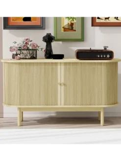 ABRIHOME Regale & Schränke<Lamellen Schrank Sideboard mit Schiebetüren und Kiefernholzbeinen in Naturholz