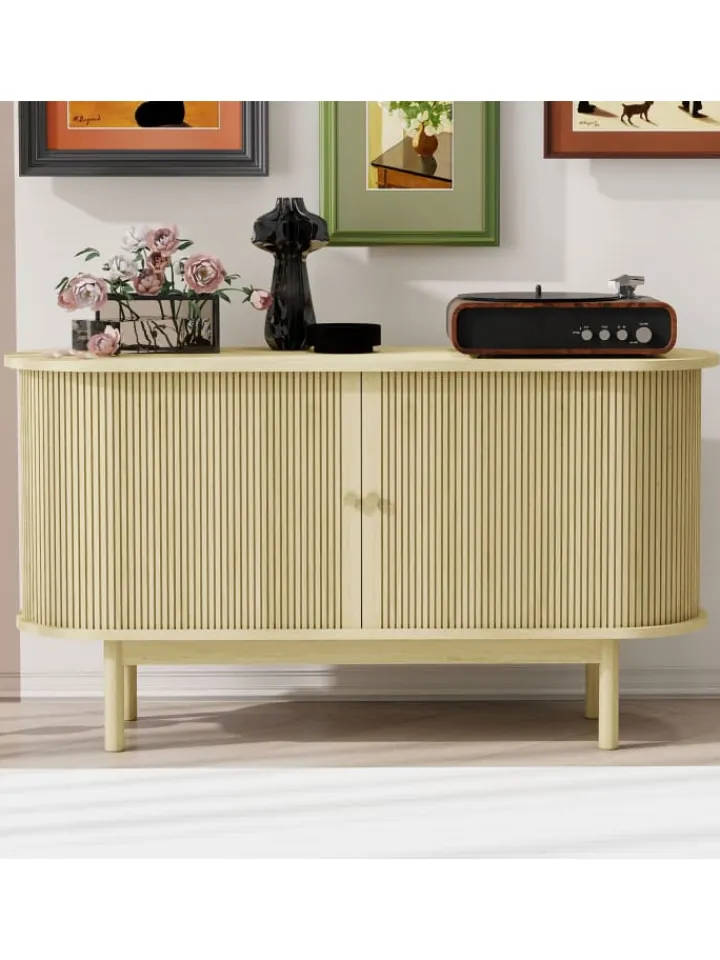 ABRIHOME Regale & Schränke<Lamellen Schrank Sideboard mit Schiebetüren und Kiefernholzbeinen in Naturholz