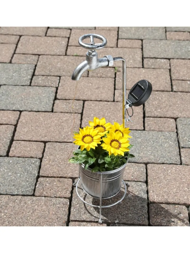 MARELIDA Lichterketten & Dekobeleuchtung<LED Solar Wasserhahn mit Blumentopf Gartendeko H: 60cm silber