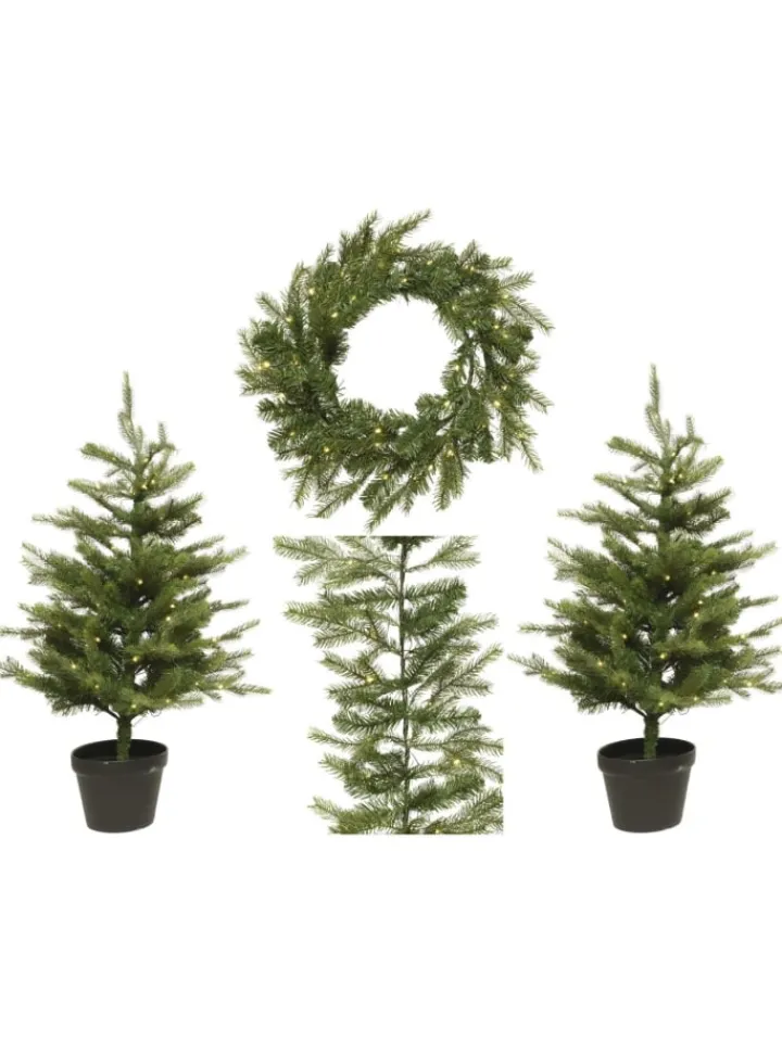 MARELIDA Künstliche Weihnachtsbäume<LED Weihnachtsset für Haustür Kranz Girlande 2 Tannenbäume beleuchtet