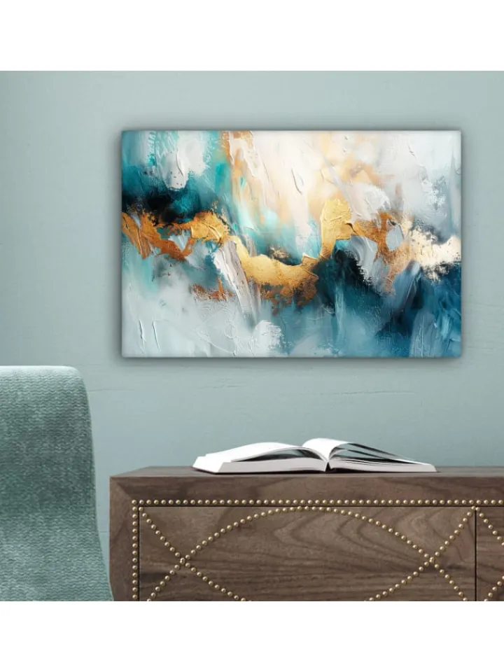 MuchoWow Wanddekoration<Leinwand bilder Abstrakte Kunst gold blau (BxH)