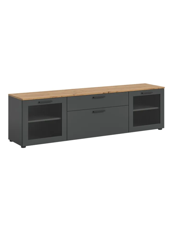 xonox.home Regale & Schränke<Lowboard (B/H/T): 185x52x40 cm in Basalt grau, Artisan Eiche und Glas