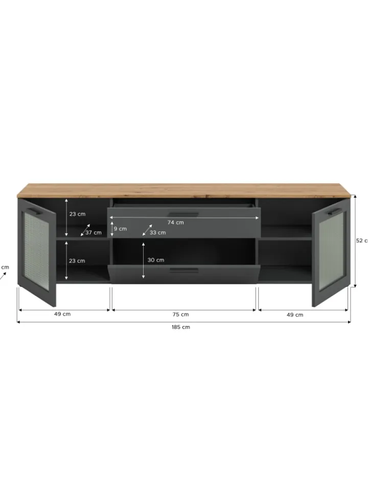 xonox.home Regale & Schränke<Lowboard (B/H/T): 185x52x40 cm in Basalt grau, Artisan Eiche und Glas