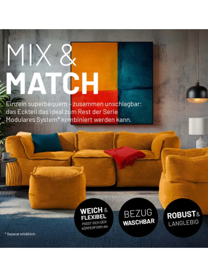 Lumaland Sitzmöbel<Modulares Eckteil rechts aus der Cord-Reihe, 81x81x70 cm - Bezug soft &