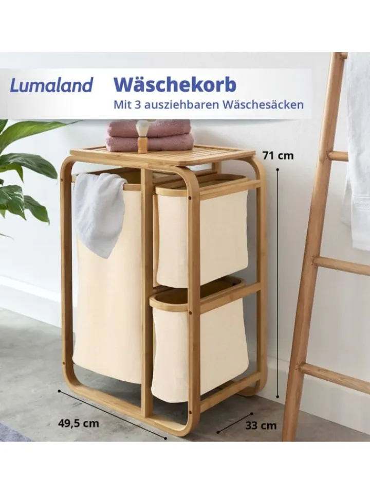 Lumaland Wäschekörbe & -Ständer<Wäschekorb aus Bambus mit 2 ausziehbaren Wäschesäcken Farbe Dunkelgr