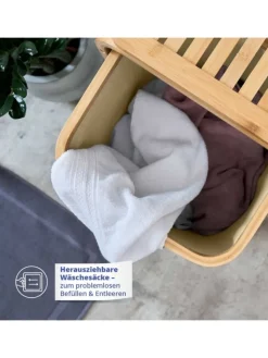 Lumaland Wäschekörbe & -Ständer<Wäschekorb aus Bambus mit 2 ausziehbaren Wäschesäcken Farbe Dunkelgr