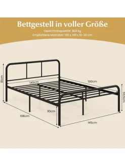 COSTWAY Betten & Matratzen<Metallbett Bettgestell für 140 x 190 cm Matratze in Schwarz