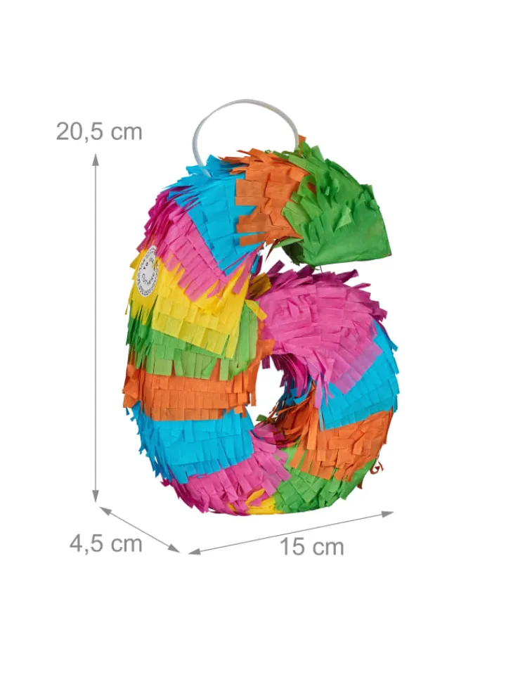 relaxdays Partyzubehör & -Dekoration<Mini Pinata "Zahl 6" in Bunt - (B)15 x (H)20,5 x (T)4,5 cm