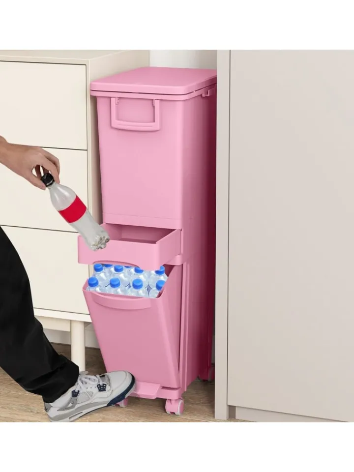 COSTWAY Mülleimer<Mülleimer 2 Fächer 40 x 26 x 84 cm in Rosa