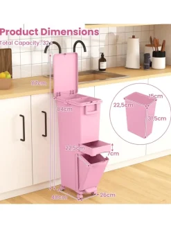 COSTWAY Mülleimer<Mülleimer 2 Fächer 40 x 26 x 84 cm in Rosa