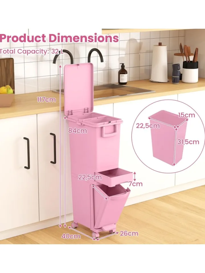 COSTWAY Mülleimer<Mülleimer 2 Fächer 40 x 26 x 84 cm in Rosa
