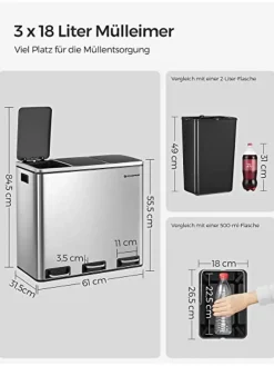 Songmics Mülleimer<Mülleimer in Silber/ Schwarz - (B)61 x (H)55,5 x (T)31,5 cm