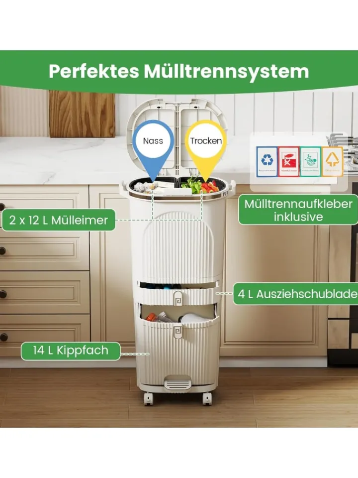 COSTWAY Mülleimer<Mülleimer Küche 3 Fächer 2 x 12L & 14L in Beige