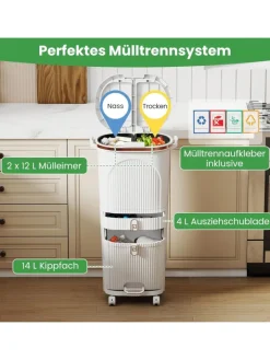 COSTWAY Mülleimer<Mülleimer Küche 3 Fächer 2 x 12L & 14L in Weiß