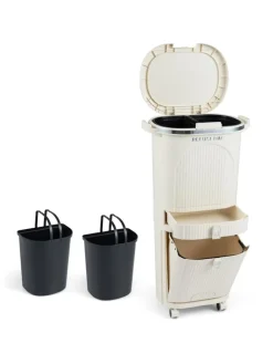 COSTWAY Mülleimer<Mülleimer Küche 3 Fächer 2 x 12L & 14L in Beige