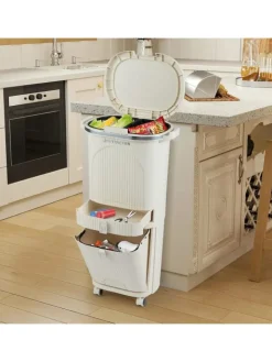 COSTWAY Mülleimer<Mülleimer Küche 3 Fächer 2 x 12L & 14L in Beige