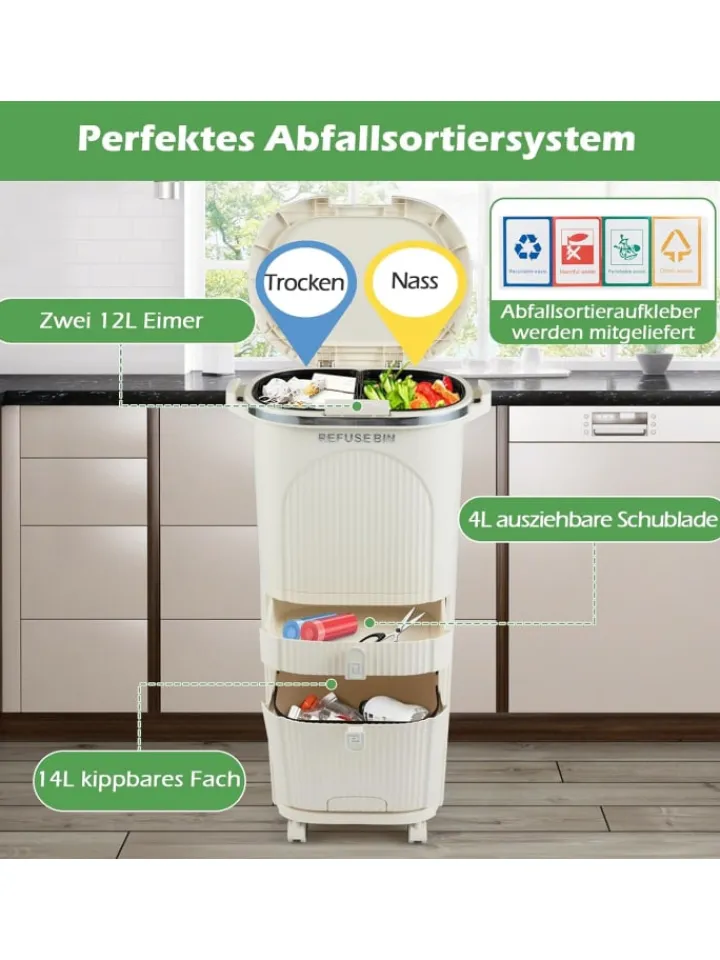 COSTWAY Mülleimer<Mülleimer Küche 3 Fächer 2 x 12L & 14L in Beige