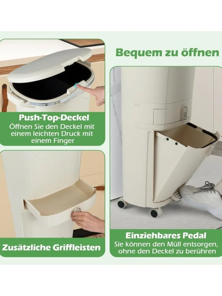 COSTWAY Mülleimer<Mülleimer Küche 3 Fächer 2 x 12L & 14L in Beige