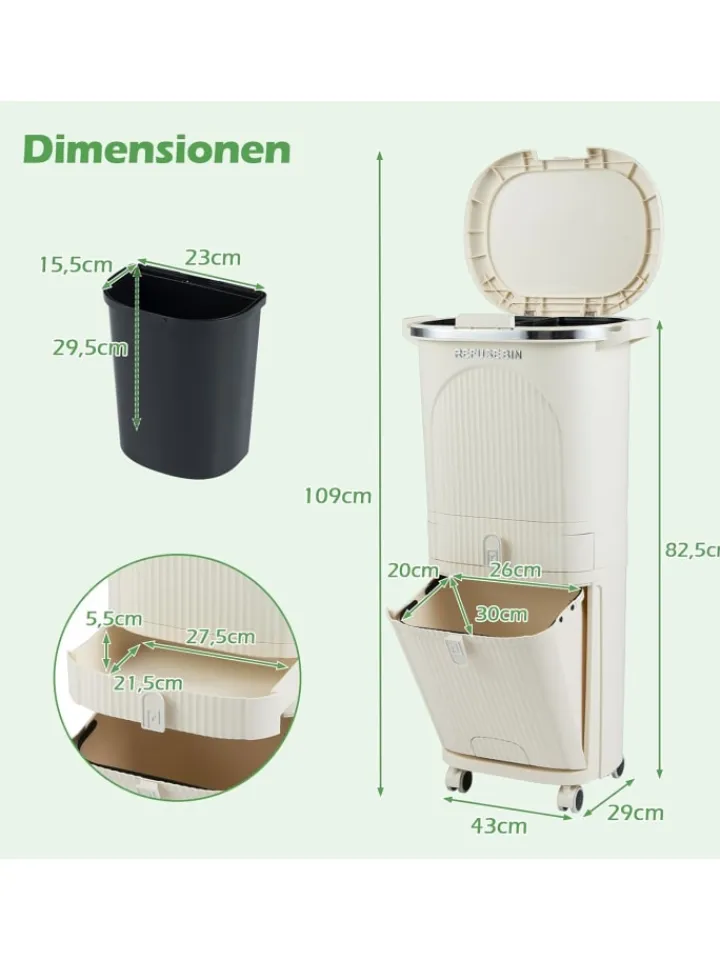 COSTWAY Mülleimer<Mülleimer Küche 3 Fächer 2 x 12L & 14L in Beige