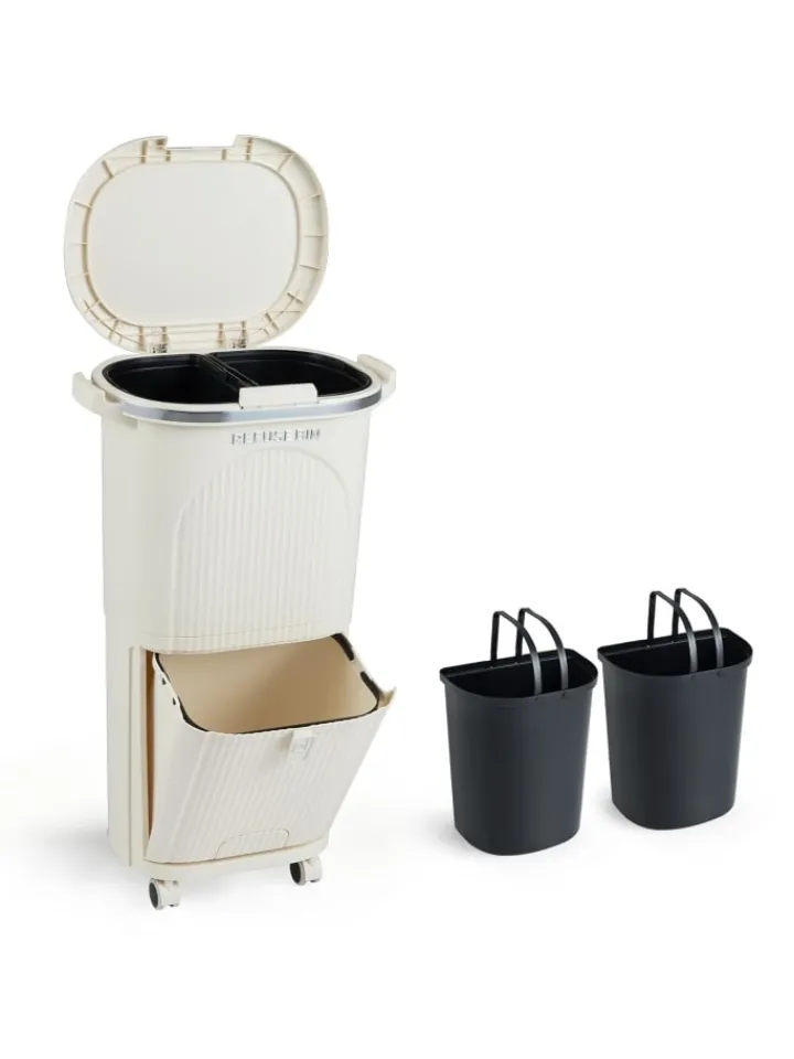 COSTWAY Mülleimer<Mülleimer Küche 3 Fächer 2 x 12L & 14L in Beige