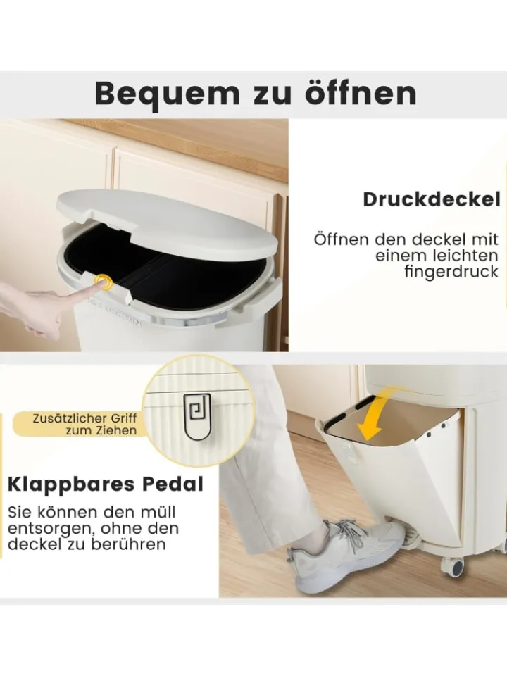 COSTWAY Mülleimer<Mülleimer Küche 3 Fächer 2 x 12L & 14L in Beige
