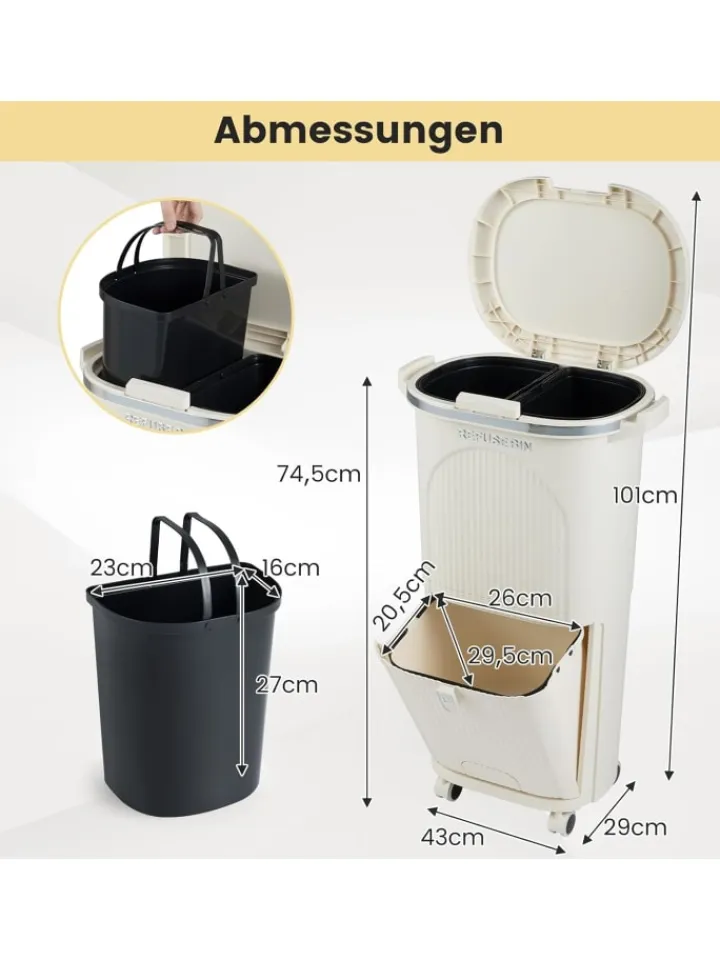 COSTWAY Mülleimer<Mülleimer Küche 3 Fächer 2 x 12L & 14L in Beige