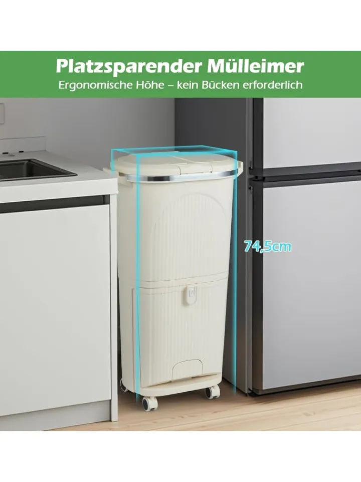 COSTWAY Mülleimer<Mülleimer Küche 3 Fächer 2 x 12L & 14L in Beige