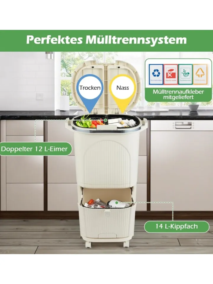COSTWAY Mülleimer<Mülleimer Küche 3 Fächer 2 x 12L & 14L in Beige