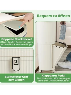 COSTWAY Mülleimer<Mülleimer Küche 3 Fächer 2 x 12L & 14L in Beige