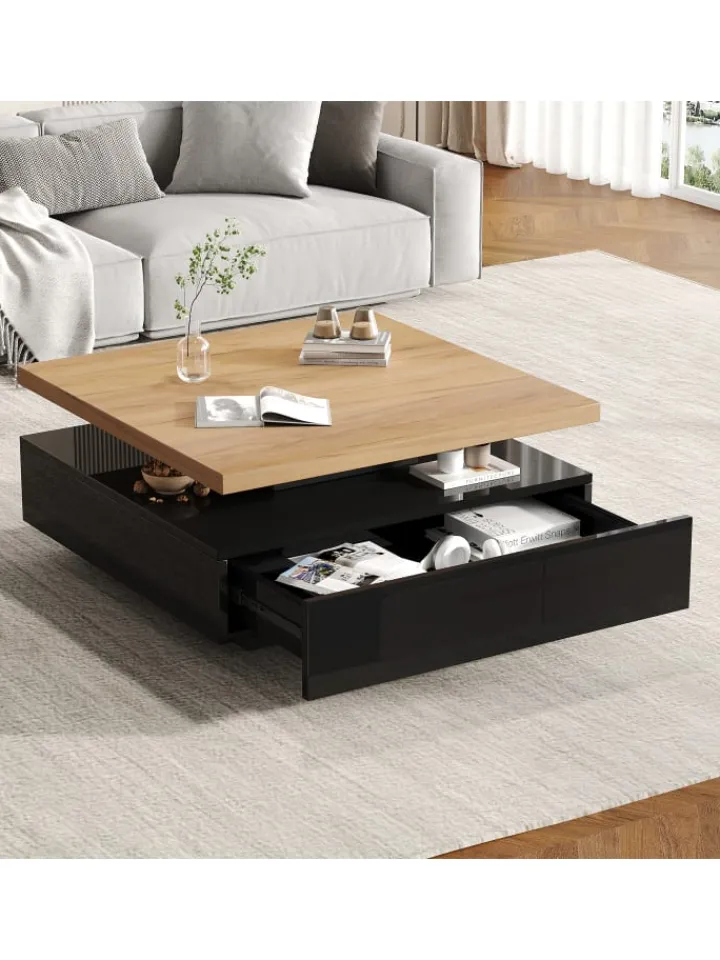 ABRIHOME Tische<Multifunktionaler 360° schwenkbarer Couchtisch mit Stauraum in Schwarzer