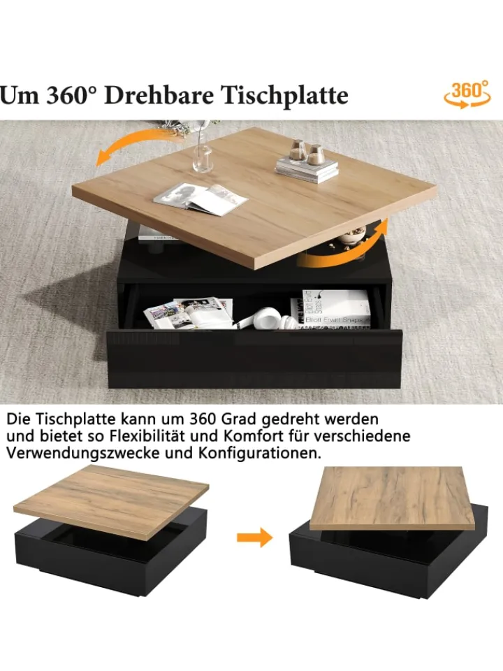 ABRIHOME Tische<Multifunktionaler 360° schwenkbarer Couchtisch mit Stauraum in Schwarzer