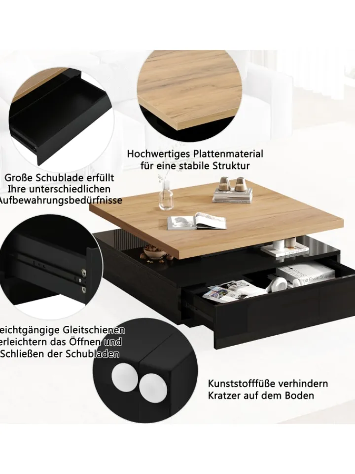 ABRIHOME Tische<Multifunktionaler 360° schwenkbarer Couchtisch mit Stauraum in Schwarzer