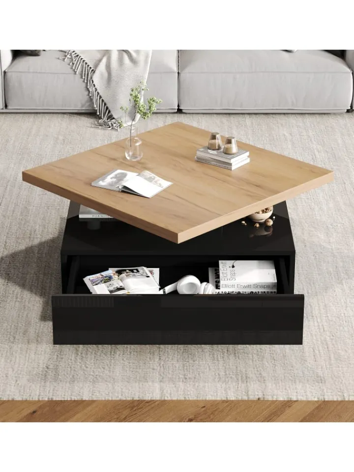 ABRIHOME Tische<Multifunktionaler 360° schwenkbarer Couchtisch mit Stauraum in Schwarzer