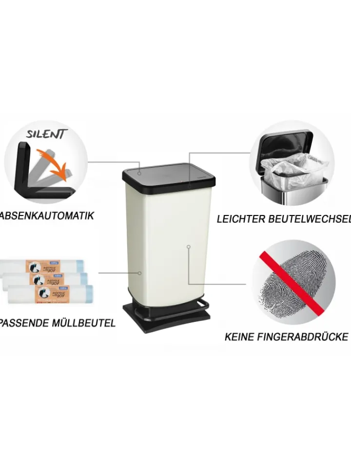Rotho Mülleimer<Paso Mülleimer 40l mit Pedal und Deckel in Cremeweiß metallic
