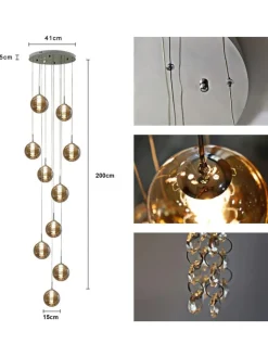 ZMH Decken- & Hängeleuchten<Pendelleuchte 10-flammige G9 in rauchgrau Glas und Kristall L41cm x H215cm