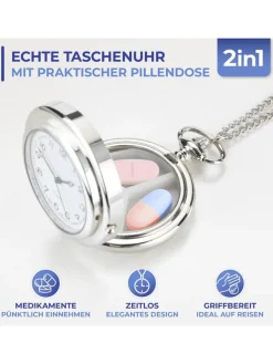 Maximex Technik|Pflege & Gesundheit<Pillendose-Taschenuhr in Silber - (L)84,5 cm