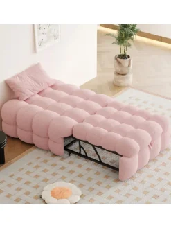 ABRIHOME Betten & Matratzen<Polsterbett in Rosa mit ausziehbarer Schlaffunktion und Teddy-Stoff