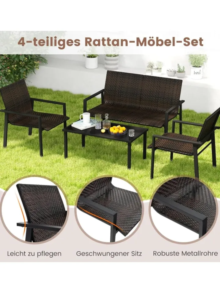 COSTWAY Gartenmöbel<Polyrattan Gartenmöbel 4-tlg Set in Braun