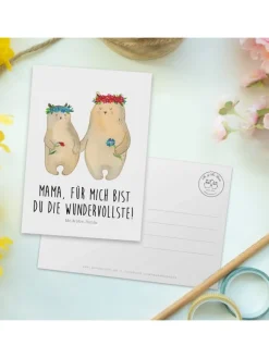 Mr. & Mrs. Panda Partyzubehör & -Dekoration<Postkarte Bären mit Blumenkranz mit Spruch in Weiß