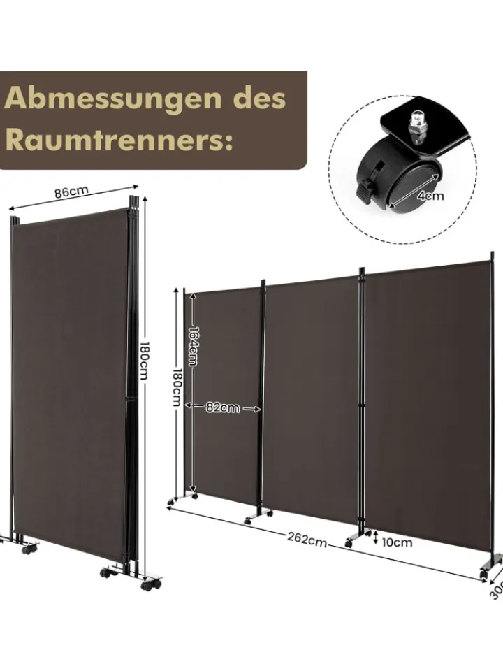 COSTWAY Paravents<Raumteiler 3 tlg. 180cm in Braun