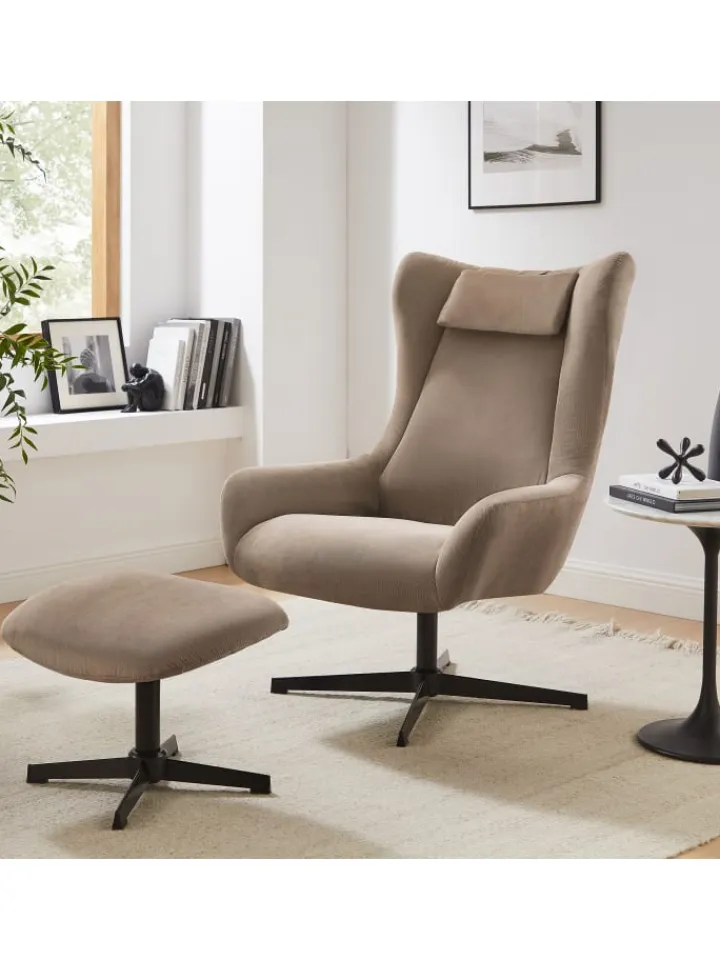 SalesFever Möbel-Sets<Relaxsessel und Hocker mit Drehfunktion Metallgestell und Cord-Optik in Braun
