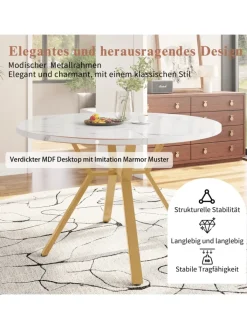 ABRIHOME Tische<Runder Esstisch in Gold mit Marmorplatte Durchmesser 100 cm
