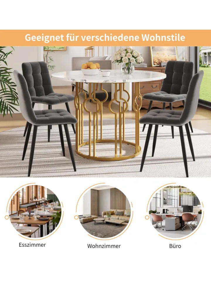 ABRIHOME Tische<Runder Esstisch in Marmoroptik 100x100x76 cm mit goldenen Metallbeinen