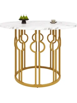 ABRIHOME Tische<Runder Esstisch in Marmoroptik 100x100x76 cm mit goldenen Metallbeinen