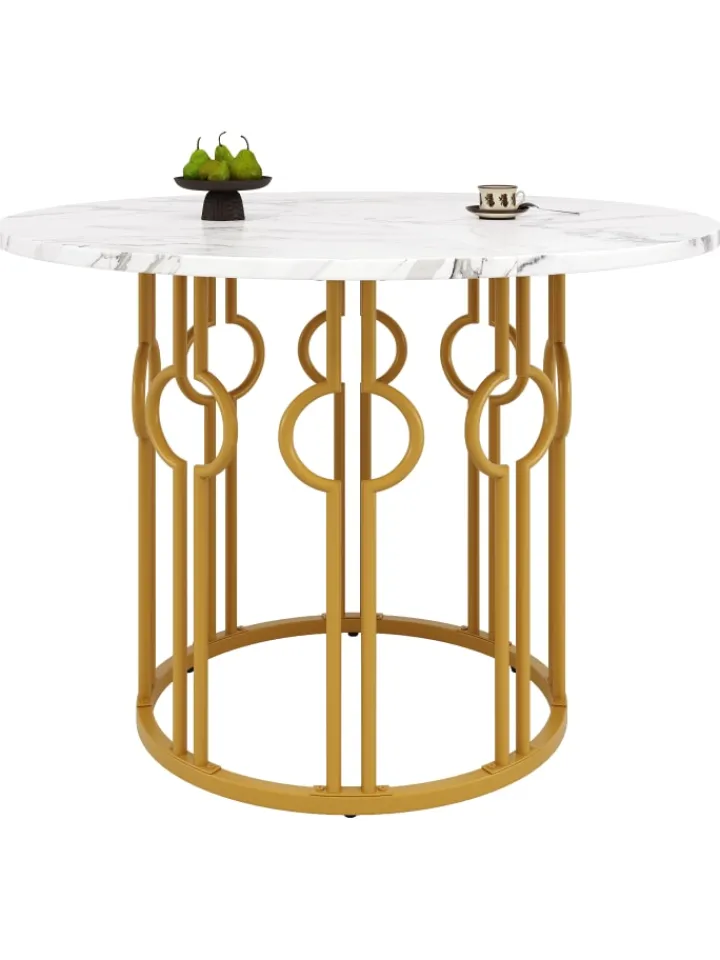 ABRIHOME Tische<Runder Esstisch in Marmoroptik 100x100x76 cm mit goldenen Metallbeinen