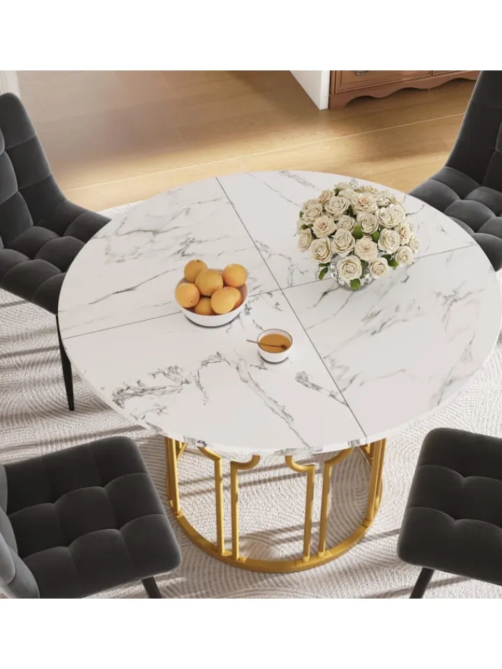 ABRIHOME Tische<Runder Esstisch in Marmoroptik 100x100x76 cm mit goldenen Metallbeinen