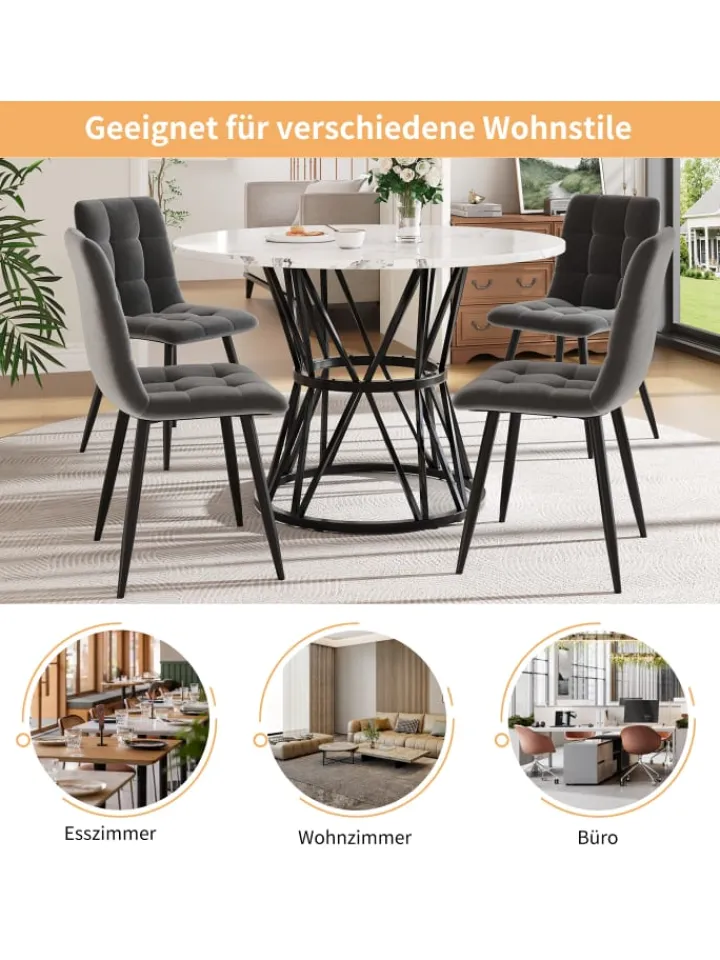 ABRIHOME Tische<Runder Esstisch in Schwarz Marmor mit Metallbeinen 100x100x76 cm